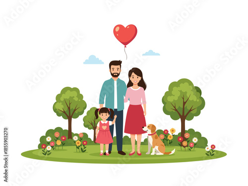 A lovely family with a little girl and a pet dog spending their time in garden with heart balloon. The mother and father are standing next to their daughter, and a dog beside them