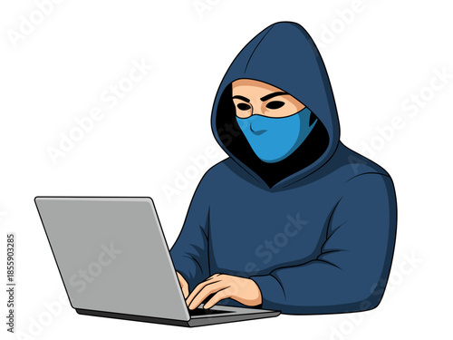A masked hacker using laptop to hack into computer system. This image is perfect for illustrating concepts such as cybercrime, digital security, and online privacy.