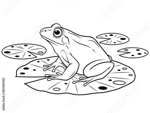 A detailed illustration of a frog resting peacefully on a lily padCute cartoon frog vector illustration isolated on white background featuring a funny wildlife animal from nature