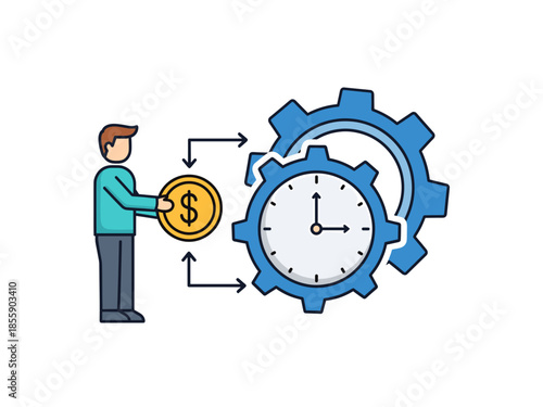 A person placing a coin, representing money, into a clock, symbolizing time management and financial planning