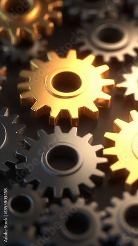 Intricate Cogwheel Harmony: A macro shot captures the complex mesh of metal cogwheels, highlighting both the gold and silver textures. The image evokes a sense of industry and mechanical precision.