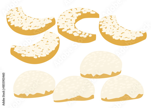 Traditional putri salju cookies with sugar topping and crescent shapes arranged as festive baked treats