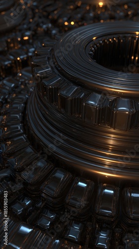 Mechanical Marvel: Detailed view of precisely engineered machine parts, interlocked and gleaming, showcasing intricate metallic design and technological precision.