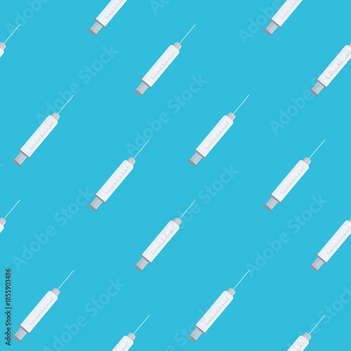 Repeating pattern of medical syringes on blue background representing vaccination and healthcare theme.