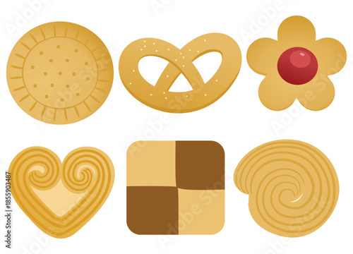 Collection of assorted cookies in various shapes and styles displayed neatly on a white background.