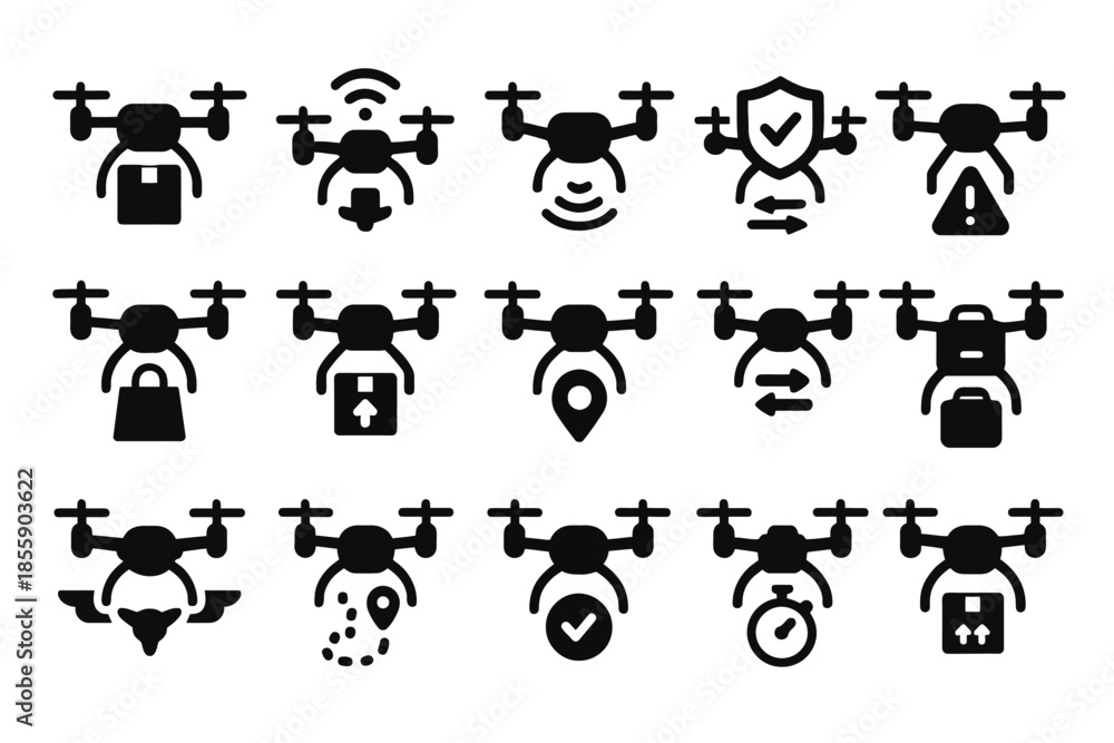 Obraz premium Drone icon set: delivery, security, and navigation symbols