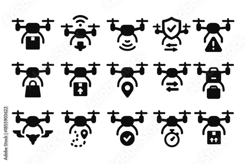 Drone icon set: delivery, security, and navigation symbols