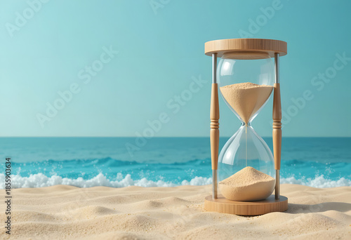 Hourglass on Beach Sand with Ocean and Blue Sky in Background