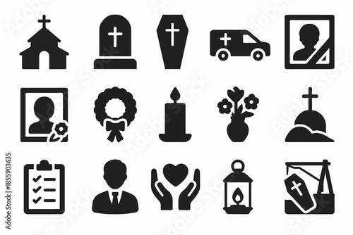 Funeral and memorial icons set featuring church, headstone, candles, and floral elements