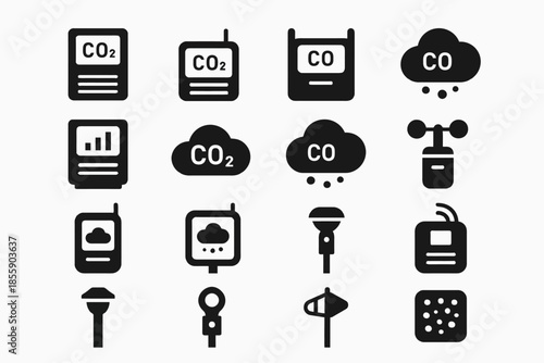 Co and co2 emission monitoring icons set with sensor symbols
