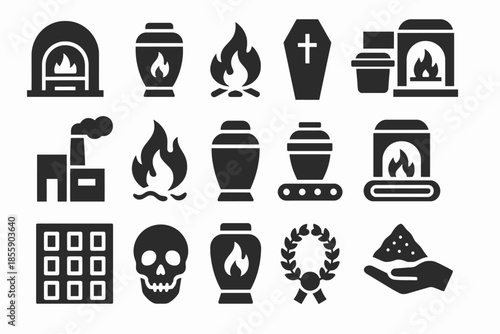 Cremation symbols: urns, ovens, fires, and memorial icons in black