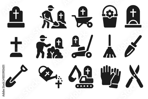 Cemetery work icons: grave maintenance tools and activities
