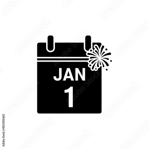 Black and white icon of a calendar page with fireworks on january 1st