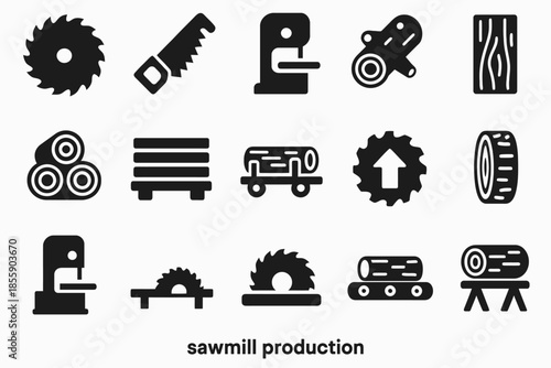 Sawmill production icons: circular saw, logs, wood cutting machines and tools