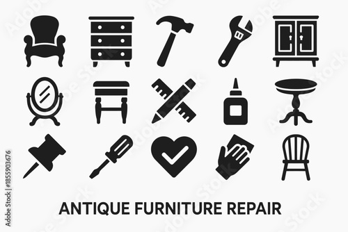Antique furniture repair tools and icons: hammer, wrench, screwdriver, cabinet, armchair