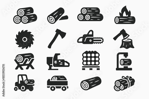 Set of woodworking and logging icons featuring tools and equipment