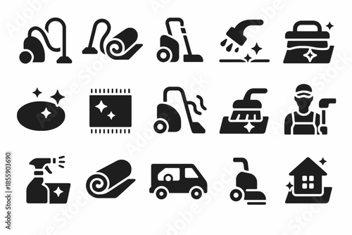 Set of black and white icons representing various cleaning tools and services