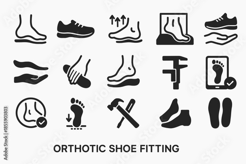 Orthotic shoe fitting icons with feet, arrows, and measurement tools
