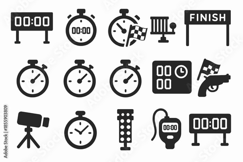 Race timing icon set: stopwatch, finish line, lap markers, countdown displays
