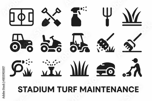 Stadium turf maintenance icon set: equipment, tools, sprinklers, lawn care, tractor