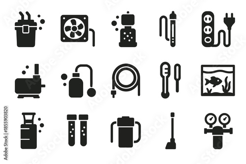 Aquarium equipment icons set: pumps, filters, heaters, accessories