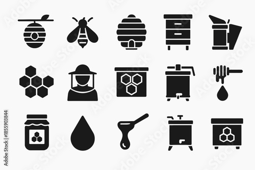 Beehive icons set: honey, beekeeping tools, and bee silhouettes