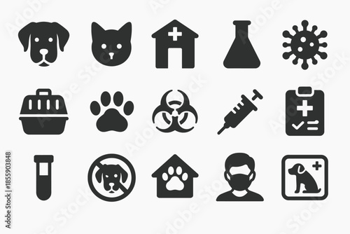 Veterinary and pet care icons: dog cat clinic virus safety