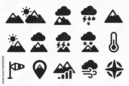 Weather icons: mountains, clouds, temperature, and wind symbols in black
