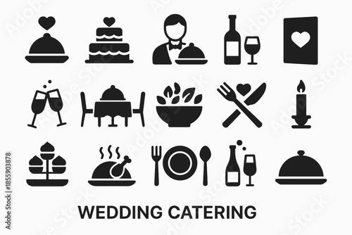 Elegant wedding catering icons featuring food, drinks, and dining elements