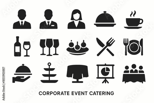 Corporate event catering icons set including food, drink, and business elements