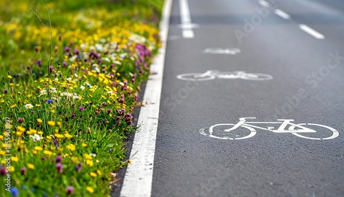 Close-up of a paved bike path, marked with bicycle symbols, running alongside a vibrant wildflower meadow