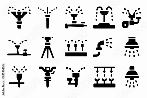 Set of black garden irrigation sprinkler icons for farming and landscaping