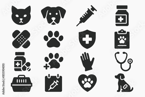 Veterinary icons set: cat, dog, medical supplies, healthcare symbols