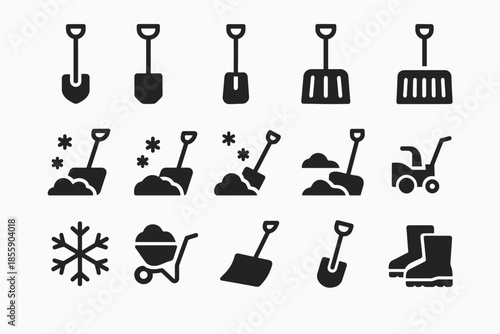 Collection of winter tools: shovels, snowplow, wheelbarrow, boots, snowflakes icons
