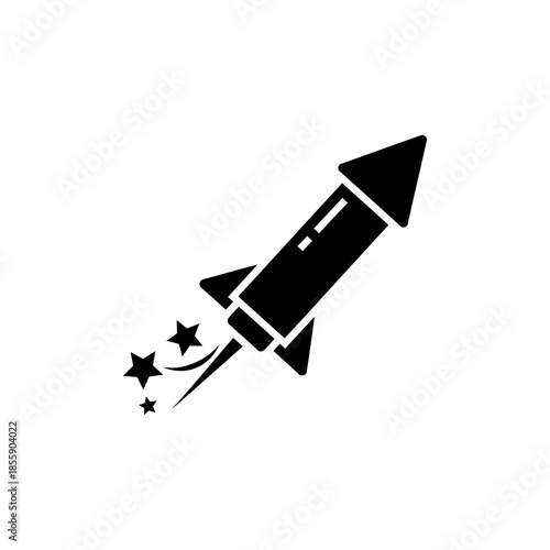 Black silhouette of a rocket ship blasting off into space with stars