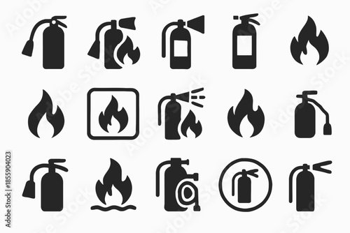 Fire extinguisher and flame icons set: safety symbols and emergency signs