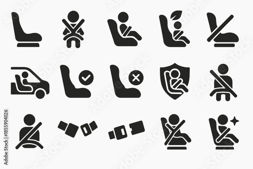 Black silhouette icons for child car seat safety and seatbelt usage