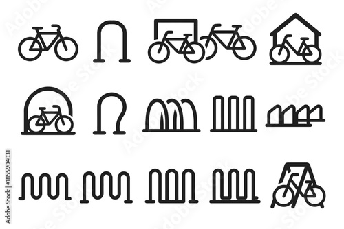 Bicycle and rack icon set featuring various stand and park designs