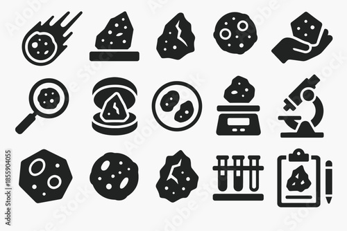 Meteorite study icons: microscope, magnifying glass, scale, test tubes, hand