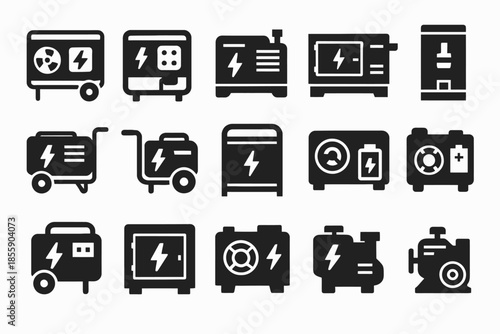 Set of portable generator icons in black and white design