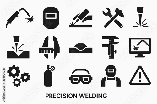 Precision welding icons set with tools, safety equipment, and welding processes