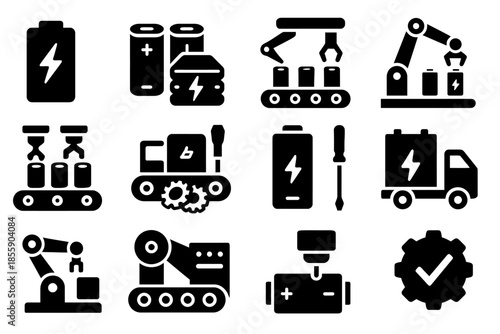 Battery manufacturing icons set with robotics and automation elements