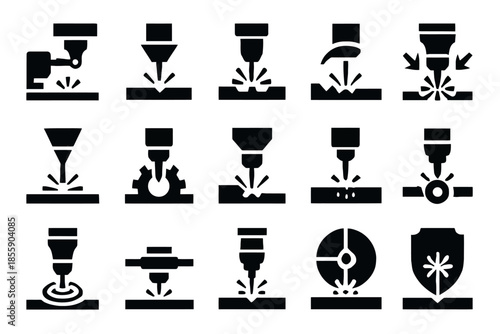 Set of black and white laser cutting icons illustrating various industrial processes