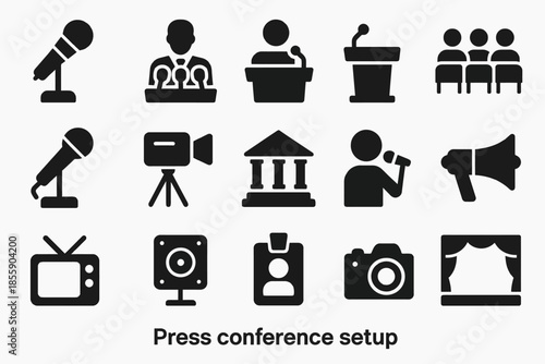 Silhouette icons of press conference setup with microphones and podium