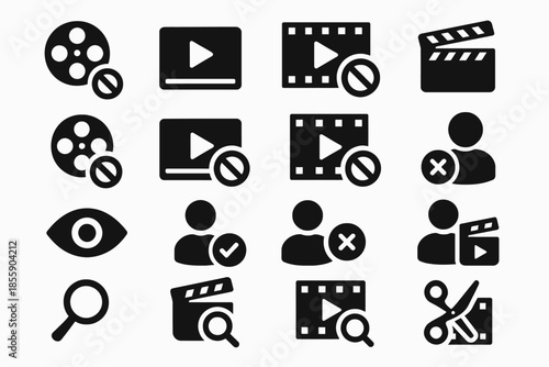 Film and video icon set: play, clapperboard, user, search, eye, editing symbols