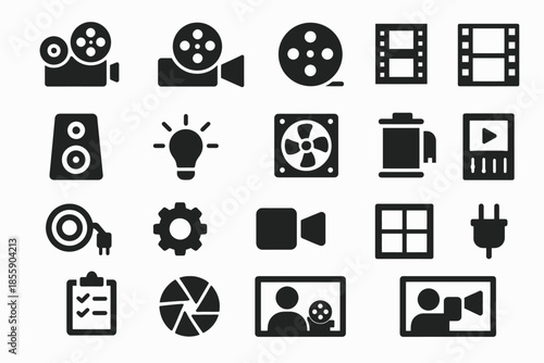 Cinema and media icons collection: film, camera, light, sound, video