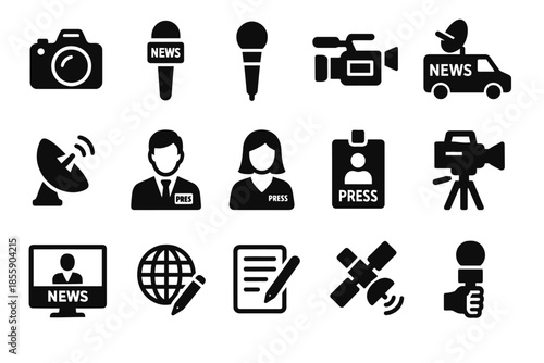Media and journalism icons: camera, microphone, satellite, news van, press identities