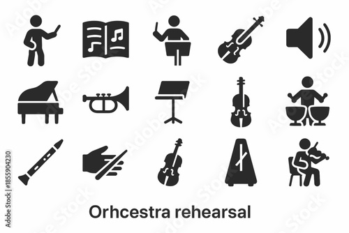 Orchestra rehearsal icons: conductor, violin, trumpet, piano, drums, music stand