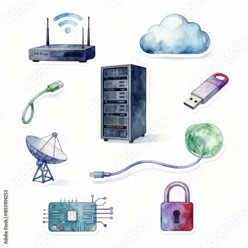 Watercolor Technology and Network Icon Set: Hand-Painted IT Infrastructure Elements