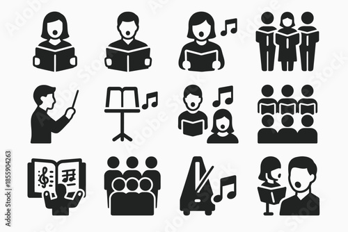 Musical symbols and icons featuring choir and conductor illustrations